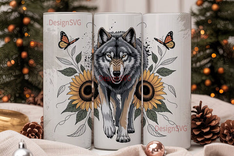 Wolf & Sunflower 20oz Tumbler Wrap Sublimation DesignSVG 