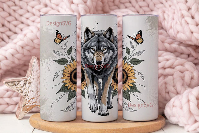 Wolf & Sunflower 20oz Tumbler Wrap Sublimation DesignSVG 