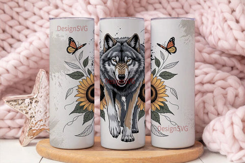 Wolf & Sunflower 20oz Tumbler Wrap Sublimation DesignSVG 