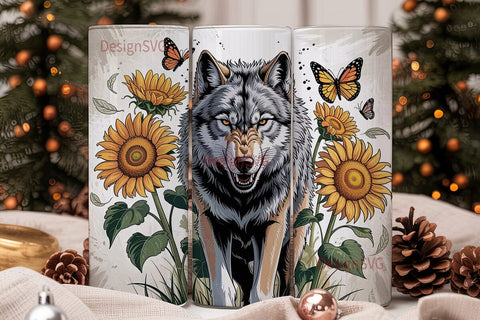 Wolf & Sunflower 20oz Tumbler Wrap Sublimation DesignSVG 