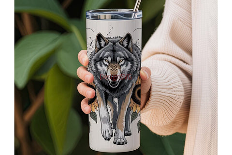 Wolf & Sunflower 20oz Tumbler Wrap Sublimation DesignSVG 