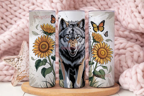 Wolf & Sunflower 20oz Tumbler Wrap Sublimation DesignSVG 