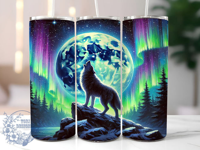 Wolf Under Northern Lights 20oz Tumbler Wrap, Wolf Tumbler, Northern Lights, Vibrant Forest, 20oz Tumbler, Sublimation Wrap, Wildlife Gift, Nature Lover Tumbler Sublimation ToriDesigns 