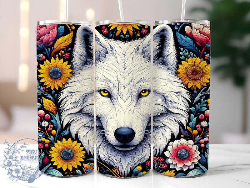 Wolf White Flower 20oz Skinny Tumbler, Vintage Wolf Tumbler Png, Straight & Tapered Tumbler Wrap, Instant Digital Download Sublimation ToriDesigns 