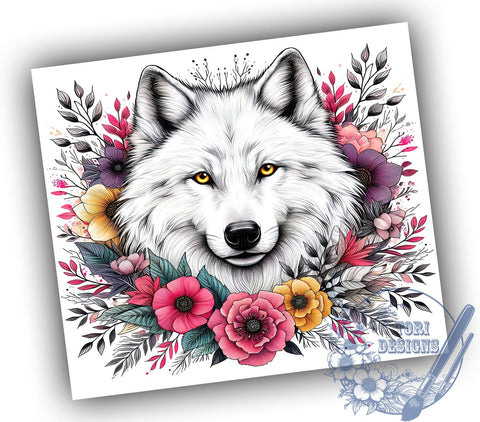 Wolf White Flower 20oz Skinny Tumbler, Vintage Wolf Tumbler Png, Straight & Tapered Tumbler Wrap, Instant Digital Download Sublimation ToriDesigns 