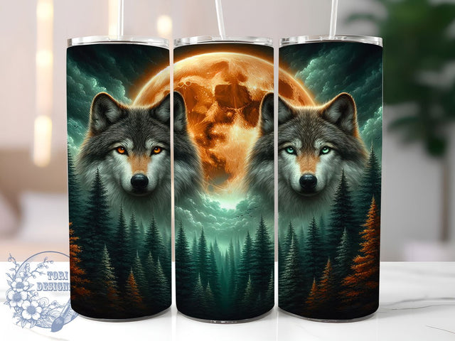Wolves Full Moon Forest Fantasy Tumbler, Forest Landscape, Fantasy Animal, 20Oz Tumbler Wrap, Sublimation Drinkware, Night Sky Design, Wild Nature Art Sublimation ToriDesigns 