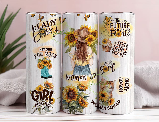 Woman Feminist 20oz Sunflower Girl Power Empower Sayings Skinny Tumbler Wrap Women PNG Sublimation Designs Download Sublimation PixelChick 