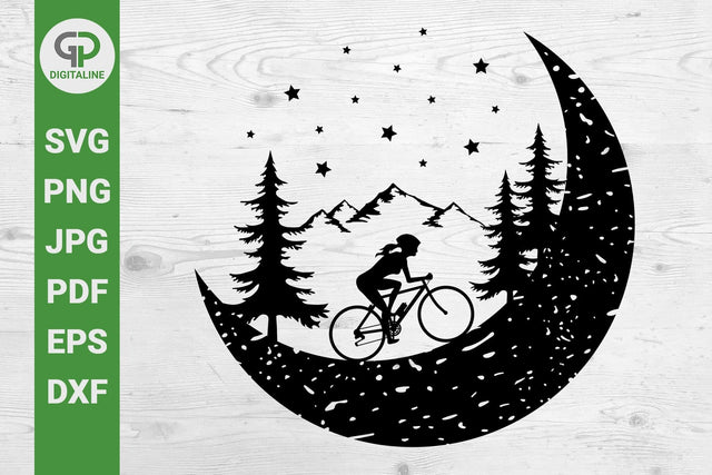 Woman Riding a Bike on the Moon SVG, Cycling SVG, Cyclist SVG, Bicycle SVG, Crescent Moon SVG, Girl SVG, Stars SVG, Mountain SVG, Hill SVG, Pine Trees SVG, Forest SVG, Fantasy SVG, Nature SVG, Outdoor SVG SVG GPDigitaline 