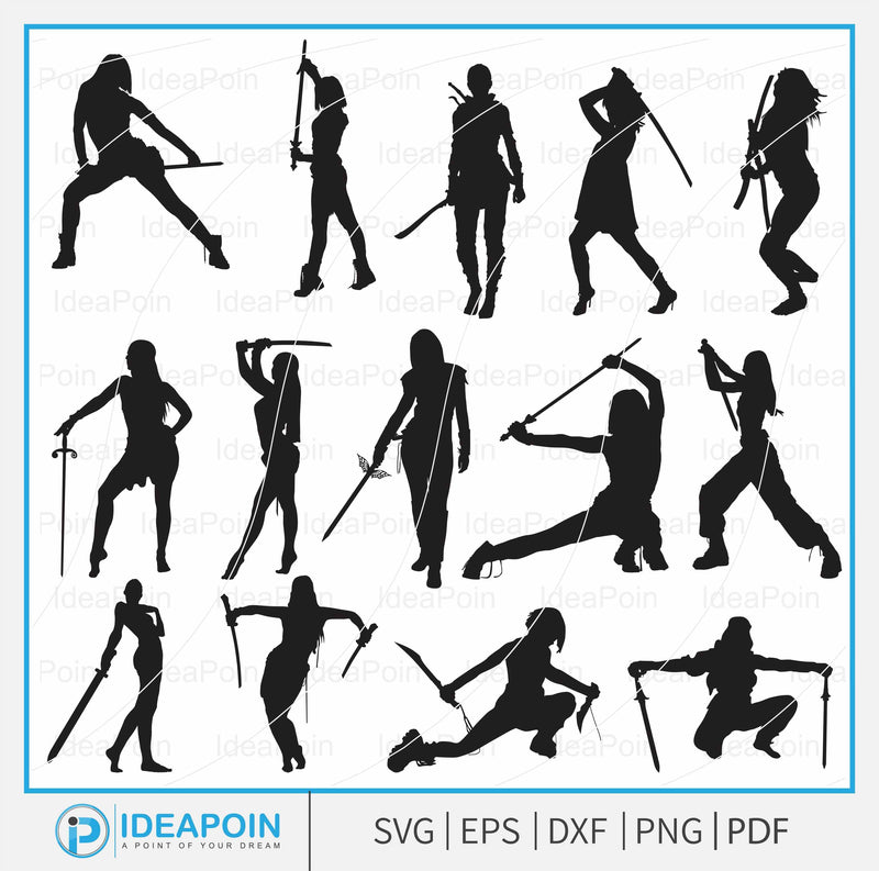 Woman Warrior svg, Female Warrior svg, Woman Warrior Vector, Woman Warrior Silhouette Clipart, Woman Silhouette, Woman With Sword SVG Dinvect 