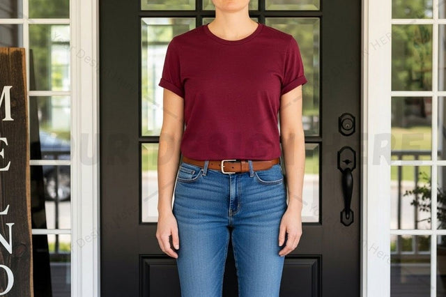 Women's burgundy t-shirt and blue jeans outfit Mock Up Photo Designangry 
