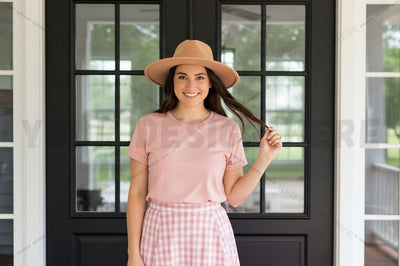 Women's casual pink t-shirt with gingham skirt Mock Up Photo Designangry 