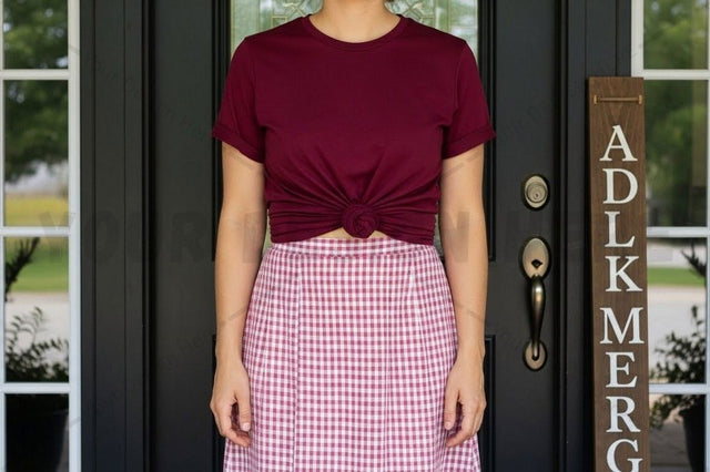 Women's casual t-shirt and plaid skirt outfit Mock Up Photo Designangry 
