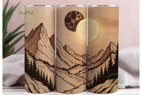 Wood Burn Mountain Moon 20oz Tumbler Sublimation PixelChick 