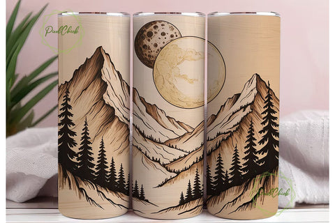 Wood Burn Mountain Moon 20oz Tumbler Sublimation PixelChick 