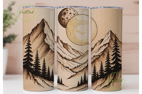 Wood Burn Mountain Moon 20oz Tumbler Sublimation PixelChick 