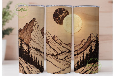 Wood Burn Mountain Moon 20oz Tumbler Sublimation PixelChick 