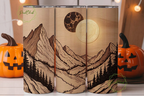 Wood Burn Mountain Moon 20oz Tumbler Sublimation PixelChick 