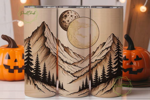 Wood Burn Mountain Moon 20oz Tumbler Sublimation PixelChick 