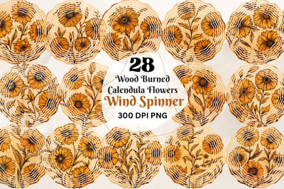 Wood Burned Calendula Flowers Wind Spinner Bundle Sublimation Regulrcrative 