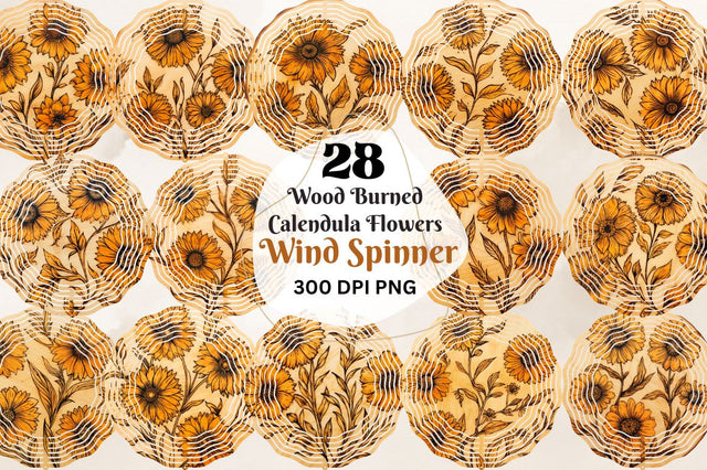 Wood Burned Calendula Flowers Wind Spinner Bundle Sublimation Regulrcrative 