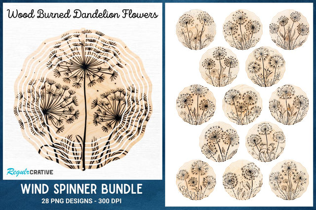 Wood Burned Dandelion Flowers Wind Spinner Bundle Sublimation Regulrcrative 