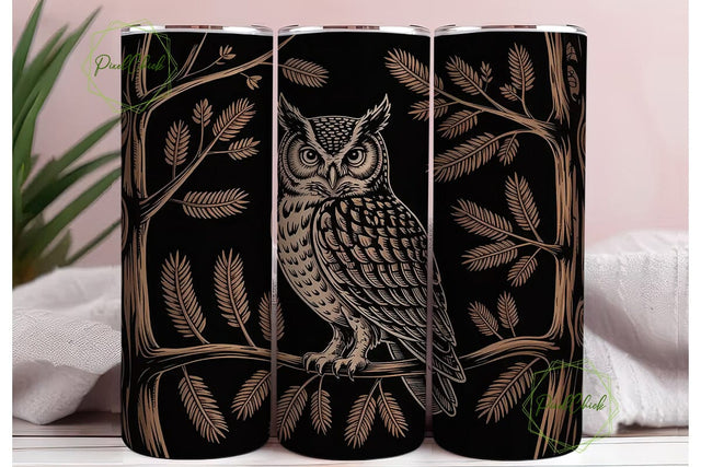 Wood-Carved Owl 20oz Tumbler Wrap Sublimation PixelChick 
