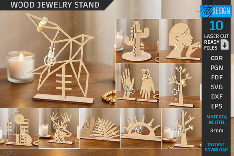 Wood Jewelry Stands Laser Cut Bundle | Earrings Display Cards | Jewelry Holders | Desktop Jewelry Stands | Craft Show Display Stands | Modern Jewelry Stands | CNC Files SVG Fly Design 