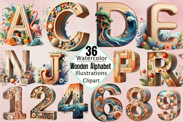 Wooden Alphabet Sublimation Clipart Bundle Sublimation SVGArt 