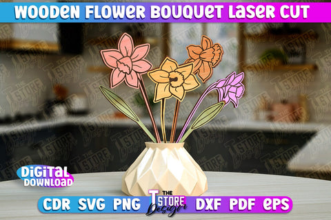 Wooden Bouquet Design | Flower Bouquet Laser Cut Design | Gift Laser Cut SVG The T Store Design 