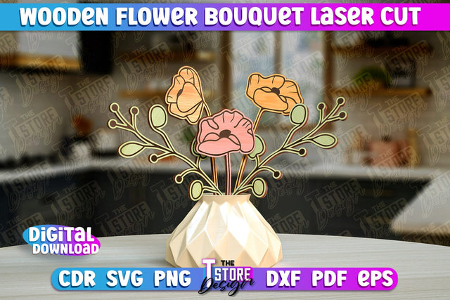 Wooden Bouquet Design | Flower Bouquet Laser Cut Design | Gift Laser Cut SVG The T Store Design 