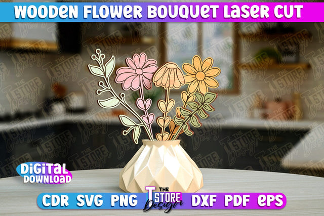 Wooden Bouquet Design | Flower Bouquet Laser Cut Design | Gift Laser Cut SVG The T Store Design 
