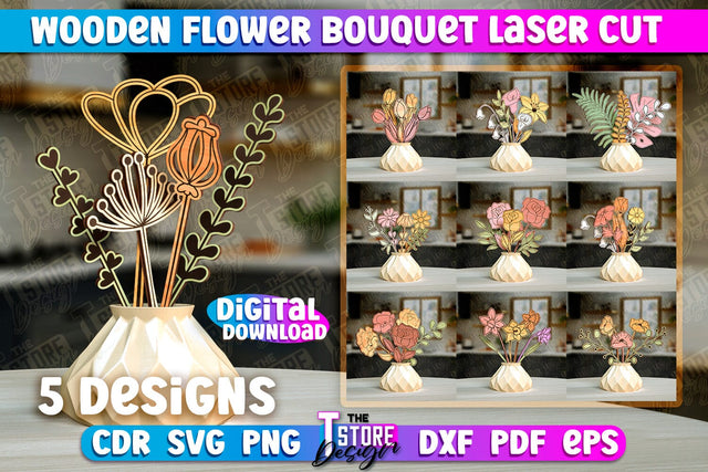 Wooden Bouquet Design | Flower Bouquet Laser Cut Design | Gift Laser Cut SVG The T Store Design 