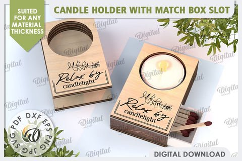 Wooden Candle Holder with Match Box Slot Laser Cut SVG Evgenyia Guschina 