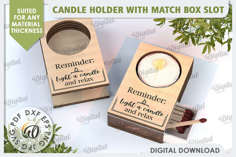 Wooden Candle Holder with Match Box Slot Laser Cut SVG Evgenyia Guschina 