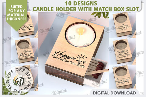 Wooden Candle Holders with Match Box Slot Laser Cut Bundle SVG Evgenyia Guschina 