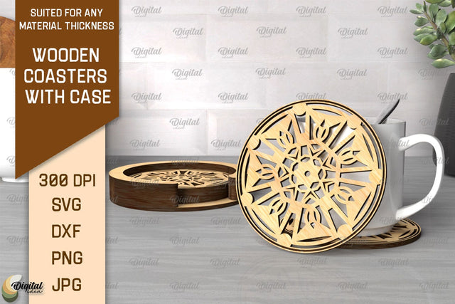 Wooden Coasters With Holder Laser Cut. Home Decor SVG SVG Evgenyia Guschina 