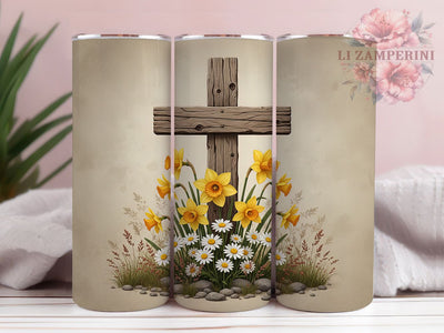 Wooden Cross Daffodil Tumbler, Daffodil Easter Tumbler, Religious Faith Wrap, Stylish 20oz Wrap, Sublimation Design, Trendy Gift Idea, Inspirational Easter Tumbler Sublimation Li Zamperini 