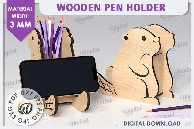 Wooden Cute Beaver Pen Holder Laser Cut. Phone Stand SVG SVG Evgenyia Guschina 