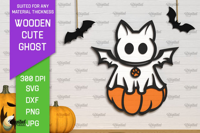 Wooden Cute Ghost Laser Cut Design. Halloween Ghosts SVG SVG Evgenyia Guschina 