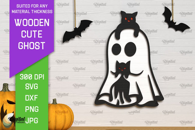 Wooden Cute Ghost Laser Cut Design. Halloween Ghosts SVG SVG Evgenyia Guschina 