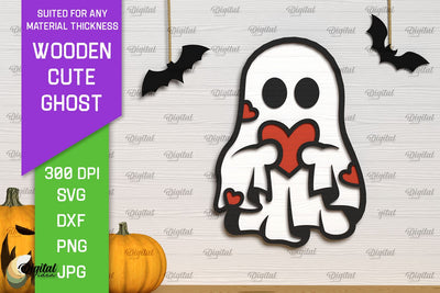 Wooden Cute Ghost Laser Cut Design. Halloween Ghosts SVG SVG Evgenyia Guschina 