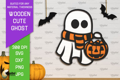 Wooden Cute Ghost Laser Cut Design. Halloween Ghosts SVG SVG Evgenyia Guschina 