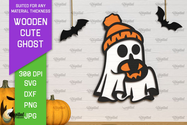 Wooden Cute Ghost Laser Cut Design. Halloween Ghosts SVG SVG Evgenyia Guschina 