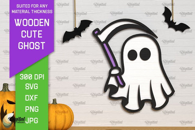 Wooden Cute Ghost Laser Cut Design. Halloween Ghosts SVG SVG Evgenyia Guschina 