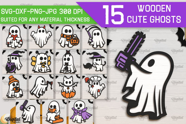 Wooden Cute Ghosts Laser Cut Bundle. Halloween Ghosts SVG SVG Evgenyia Guschina 