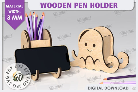 Wooden Cute Octopus Pen Holder Laser Cut. Phone Stand SVG SVG Evgenyia Guschina 