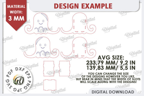 Wooden Cute Octopus Pen Holder Laser Cut. Phone Stand SVG SVG Evgenyia Guschina 