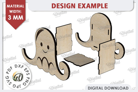 Wooden Cute Octopus Pen Holder Laser Cut. Phone Stand SVG SVG Evgenyia Guschina 
