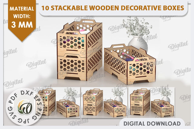 Wooden Decorative Boxes LaserCut Bundle. Wood Organizers SVG SVG Evgenyia Guschina 