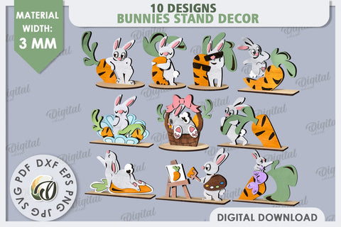 Wooden Easter Bunnies Laser Cut Bundle. Bunnies Stand Decor SVG Evgenyia Guschina 